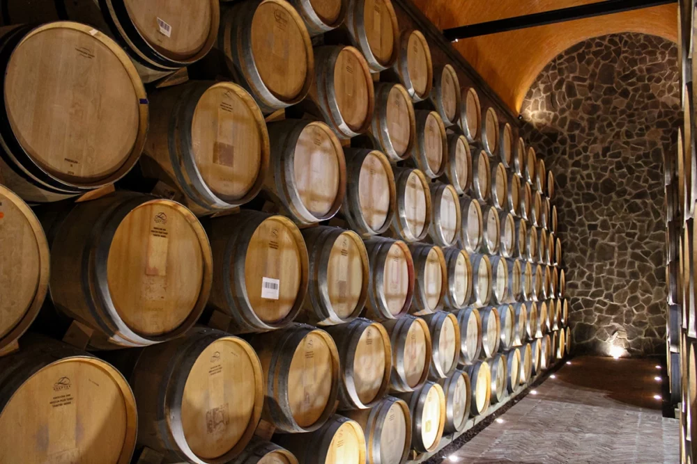 Tequila aging in barrels.